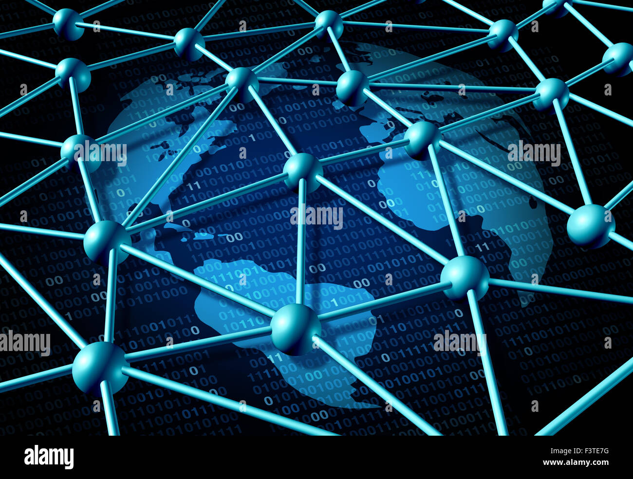 Weltweite Datennetz als ein Internet-Business-Konzept mit einem weltweiten Technologie-Symbol auf Binär-Code als Symbol für die angeschlossene Software Vernetzung. Stockfoto