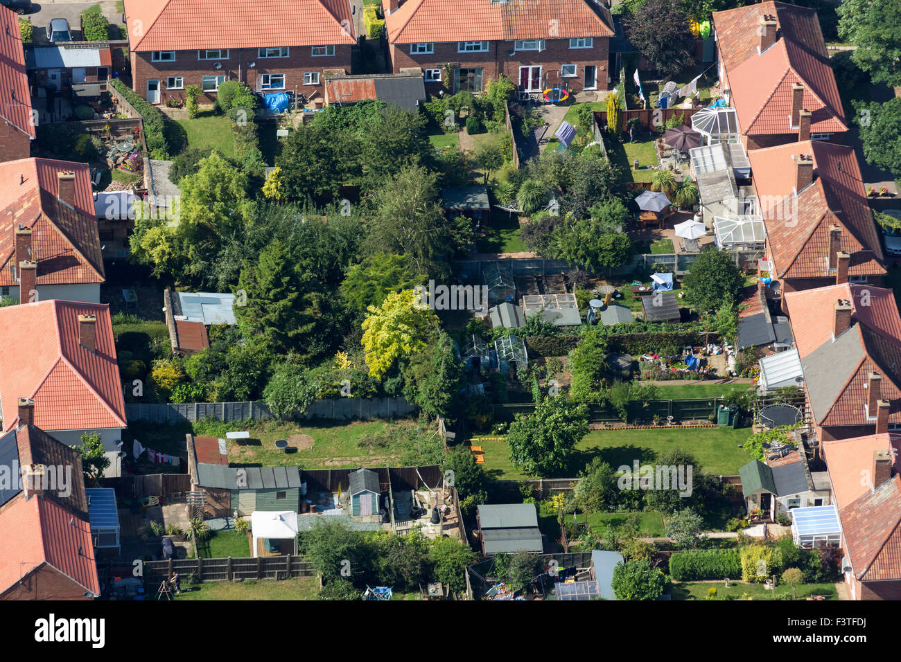 Luftaufnahme von Gärten in Mildenhall Immobilien in Bury St. Edmunds, Suffolk, Großbritannien Stockfoto