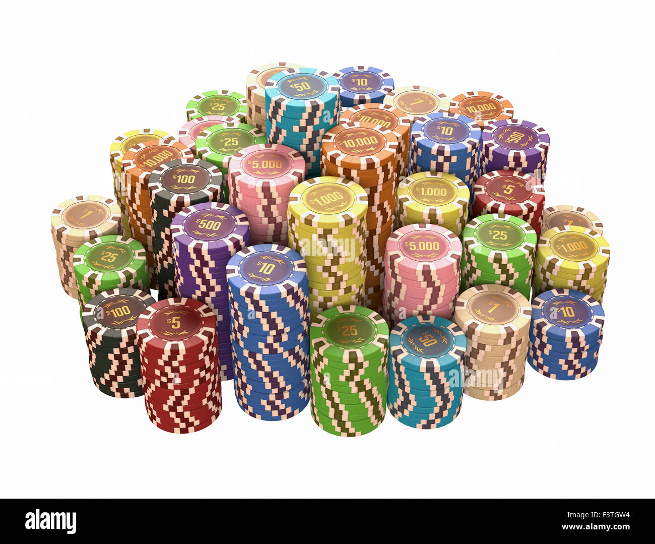 Bunte Chips über weißen isoliert. Konzept der Casino- und Glücksspiel. Clipping-Pfad enthalten. Stockfoto