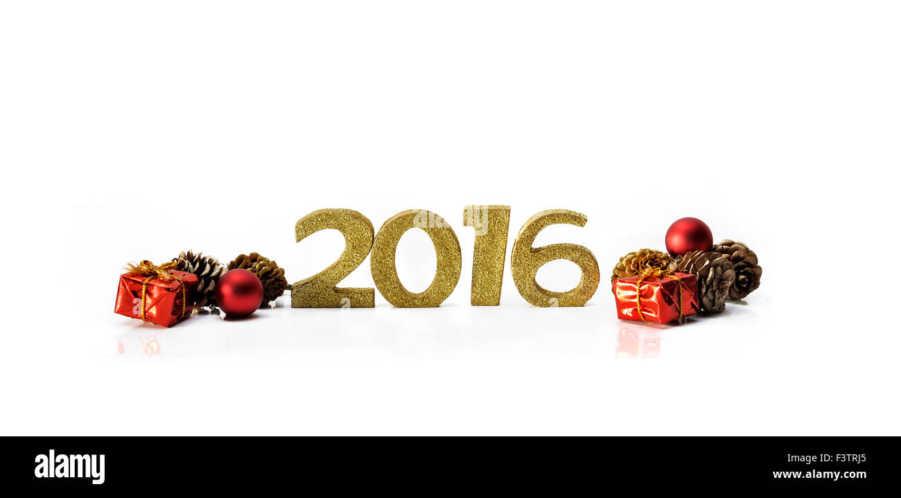 goldenen Figuren 2016 mit Geschenken und Pin Zapfen auf weißem Hintergrund Stockfoto