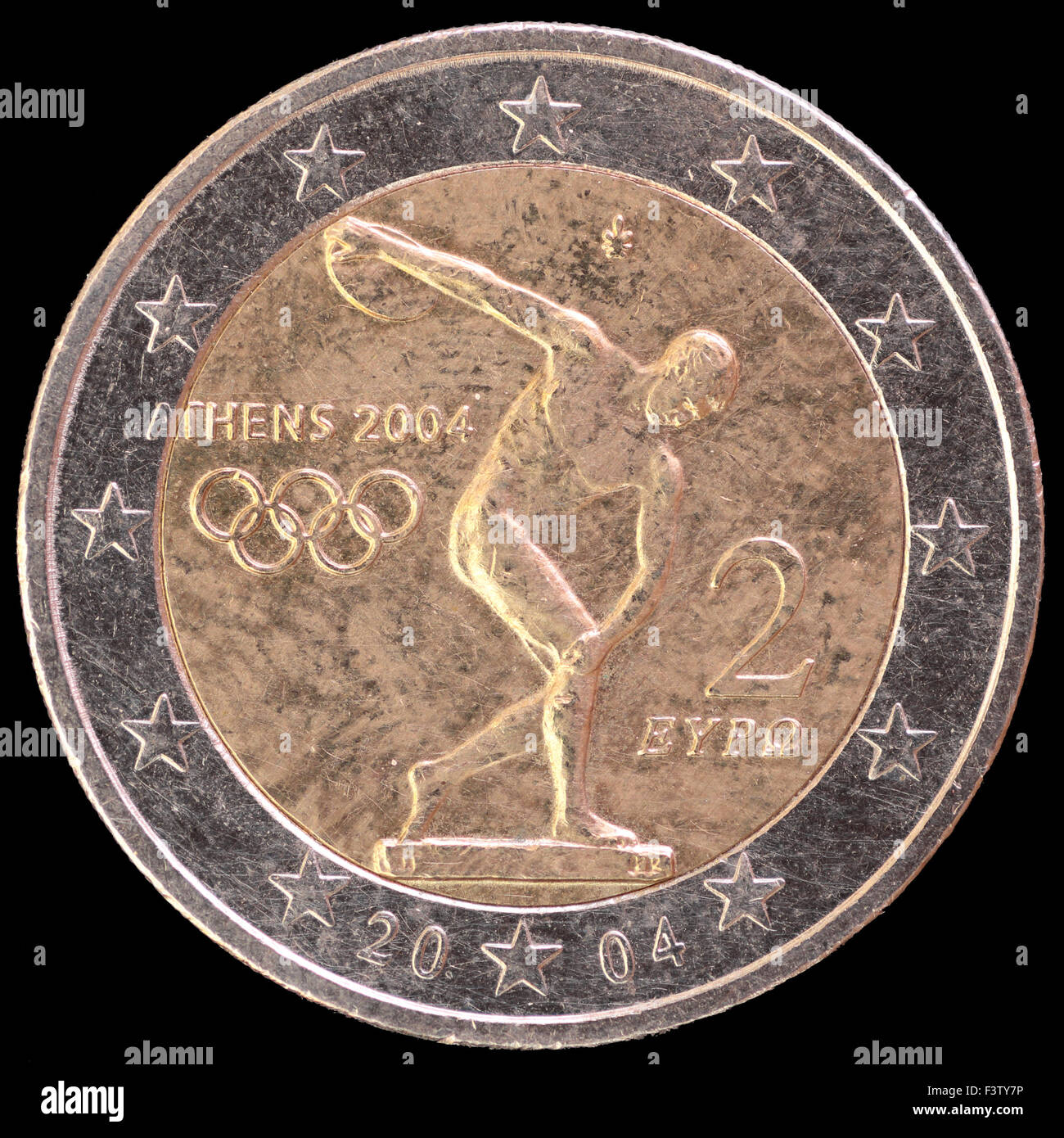 Eine Festschrift verteilt zwei-Euro-Münze von Griechenland 2004 Darstellung einer Discobolus anlässlich der Olympischen Spiele in Athen ausgestellt Stockfoto