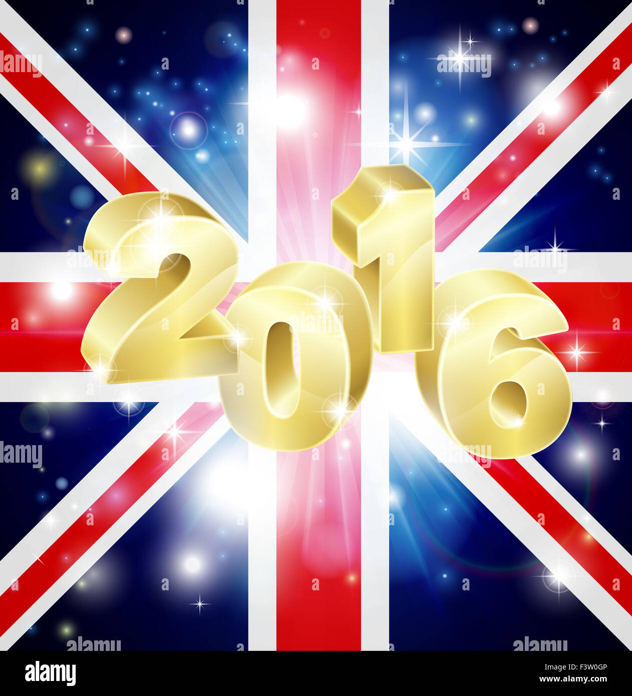 Der britische Union Jack-Flagge des Vereinigten Königreichs mit 2016 kommt es mit Feuerwerk. Konzept für Silvester oder etwas aufregendes happe Stockfoto