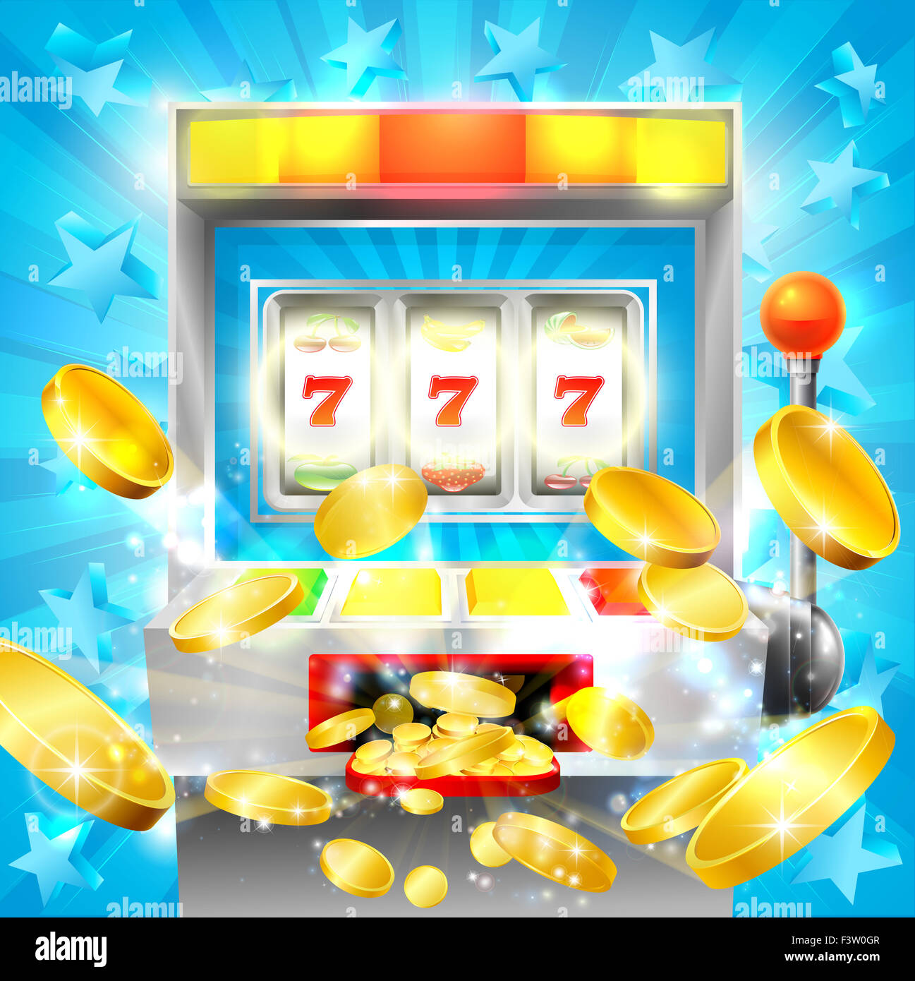 Spielautomat Casino Jackpot Konzept mit einem Schlitz oder Spielautomaten schlagen Glück 777 und Goldmünzen fliegen aus Stockfoto