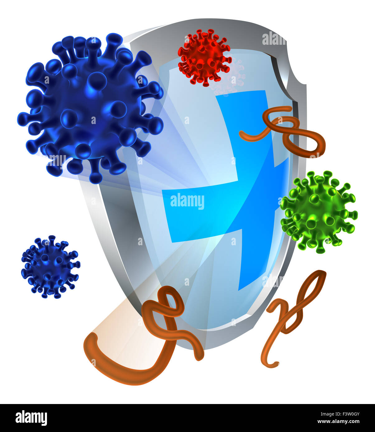 Antibakterielle oder Anti Virus Schild Schutzkonzept eines Schildes mit Bakterien oder Viren Zellen es abprallen Stockfoto