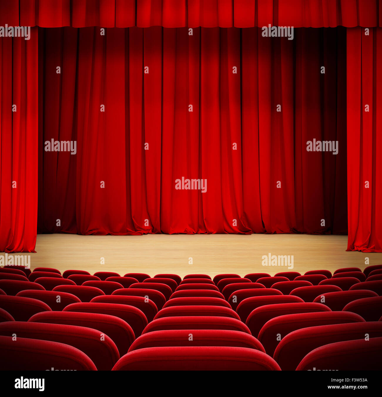 roter Vorhang auf Holz Theaterbühne mit roten Samtsitze Stockfoto