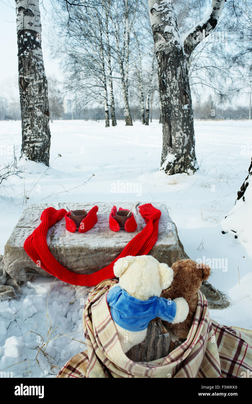 Teddy Bären ruhen im Winterwald Stockfoto