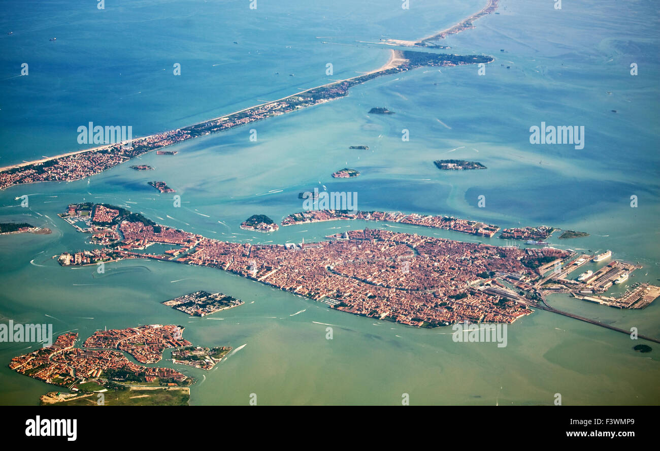 Art auf Venedig aus dem Flugzeug Stockfoto