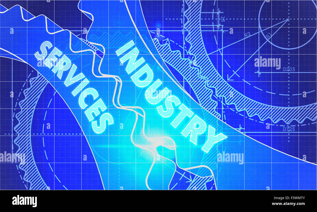 Industriedienstleistungen über den Mechanismus der Zahnräder. Technische Blueprint Illustration mit Leuchteffekt. 3D Render. Stockfoto