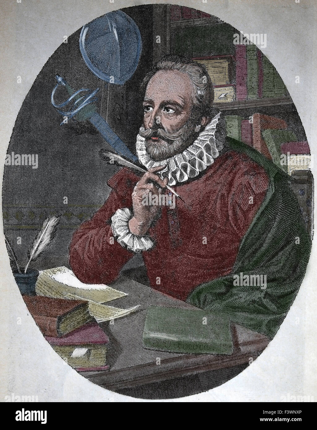 Miguel de Cervantes (1547-1616). Spanischer Schriftsteller. Gravur. des 19. Jahrhunderts. Farbe. Stockfoto
