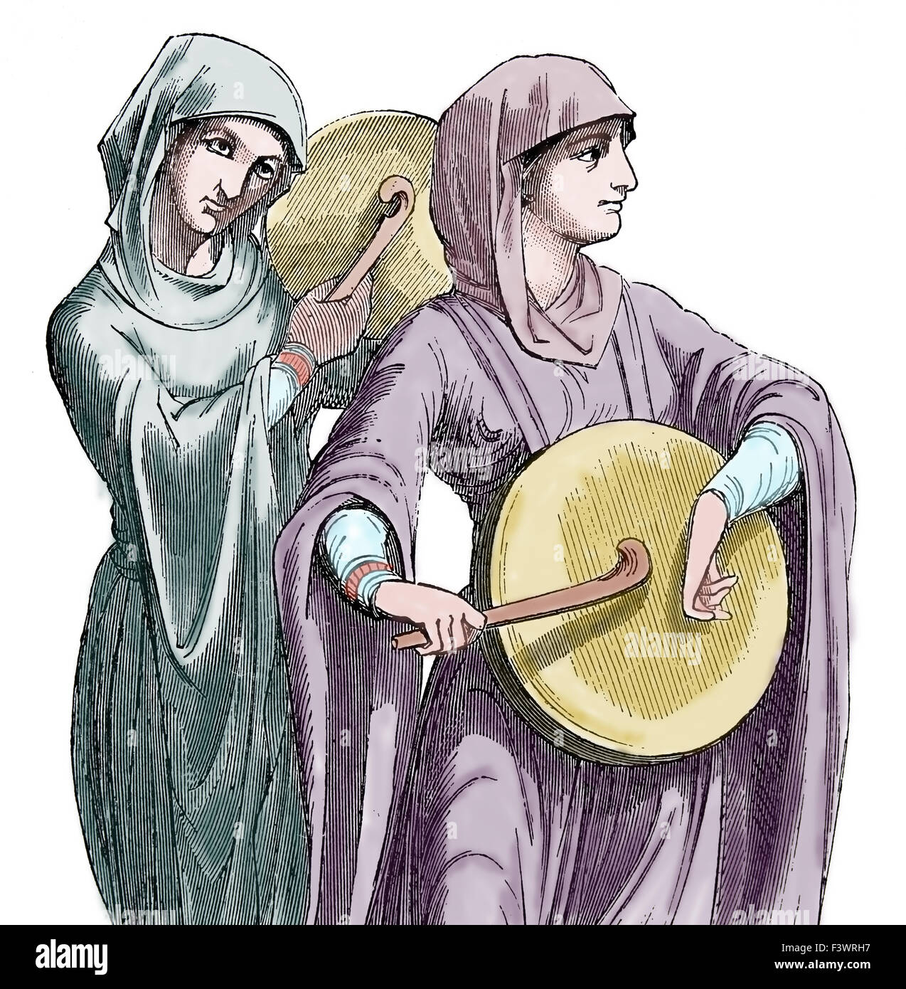 Mittelalterliche Musik. Frauen spielen Rahmentrommel. Gravur. des 19. Jahrhunderts. Stockfoto