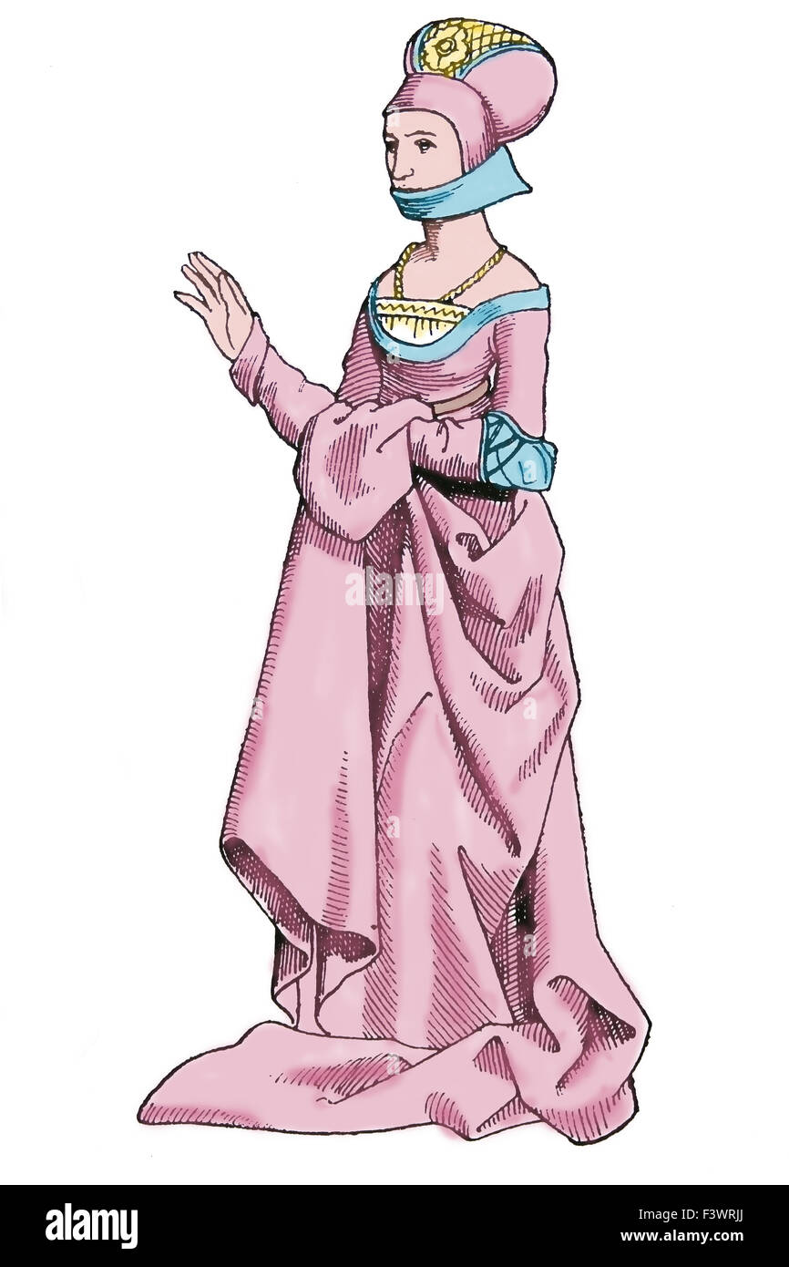Deutsche weibliche Kleid. Europa. 1500-1550. Gravur. Farbe. Stockfoto