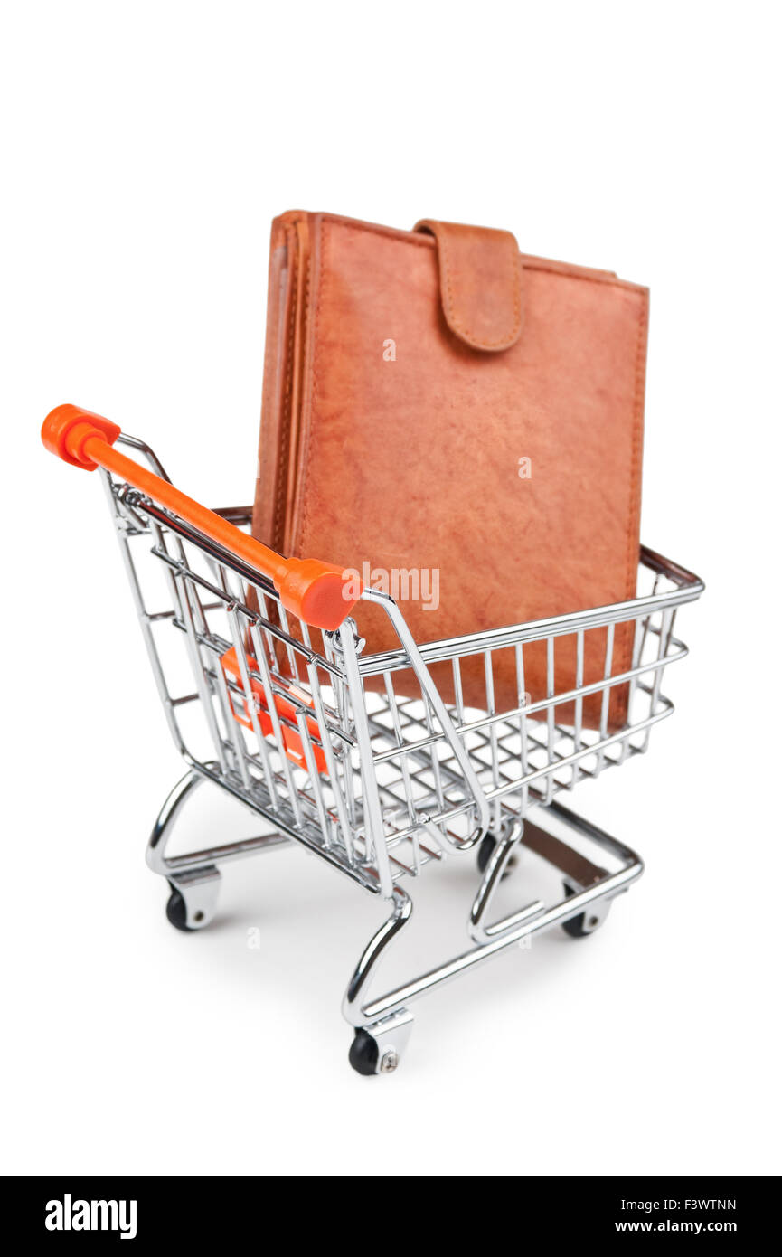 Warenkorb und Geldbeutel isoliert Stockfoto