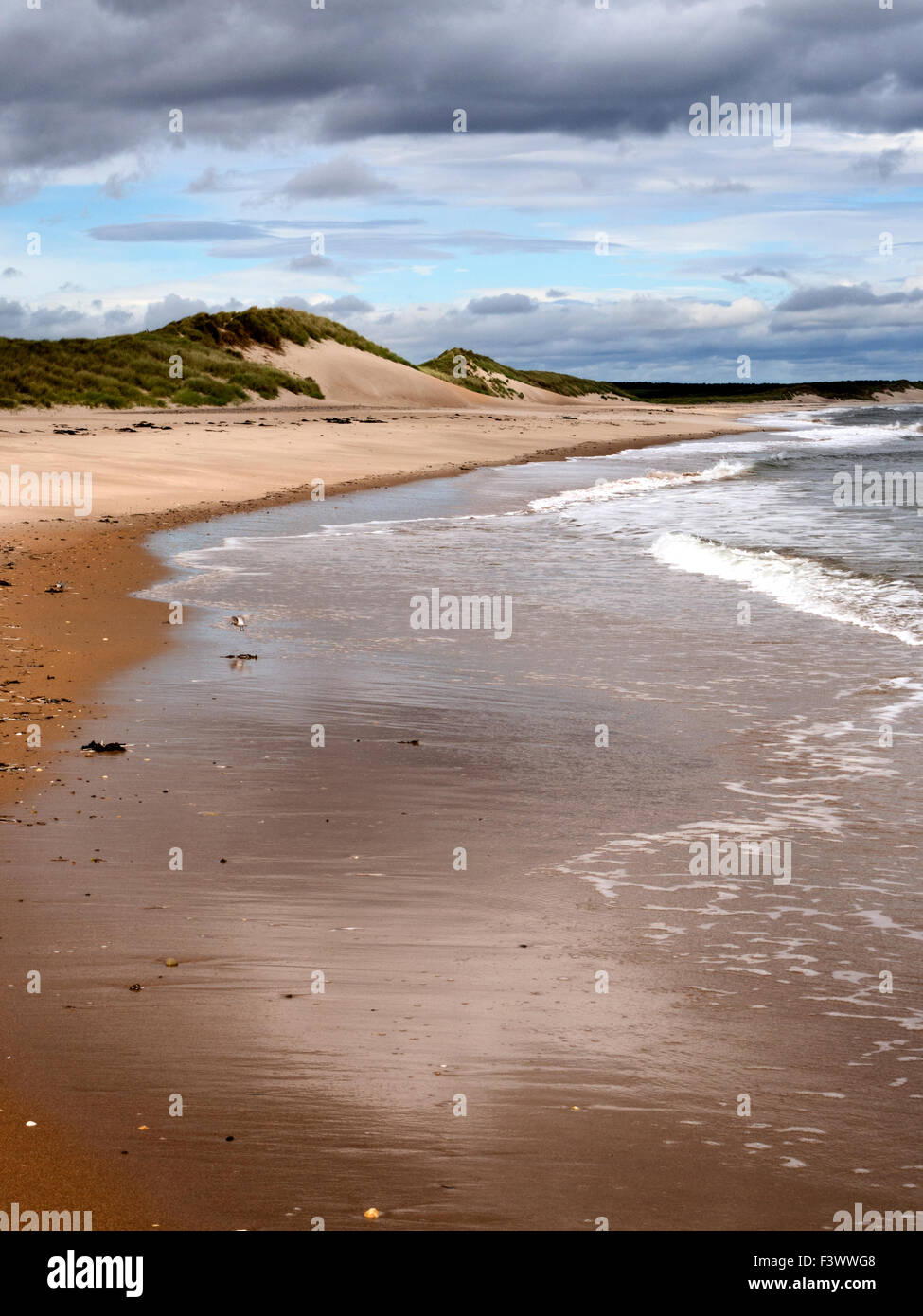 Sanddünen und Flut an der Druridge Bucht in der Nähe von schlendern am Meer an der Northumberland Küste Englands Stockfoto
