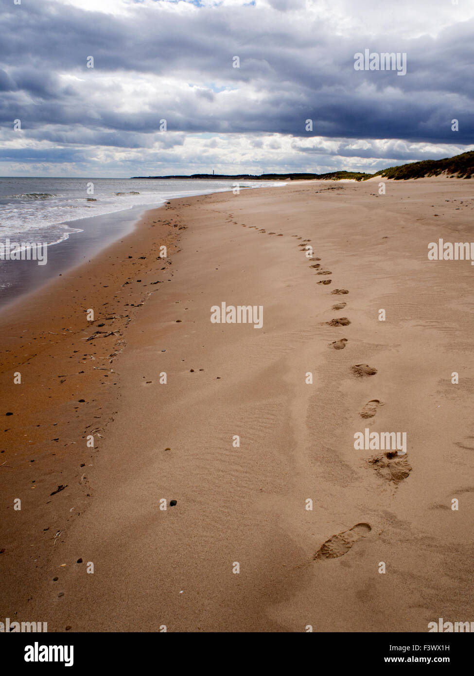 Fußspuren im Sand an der Druridge Bucht in der Nähe von schlendern am Meer an der Northumberland Küste Englands Stockfoto