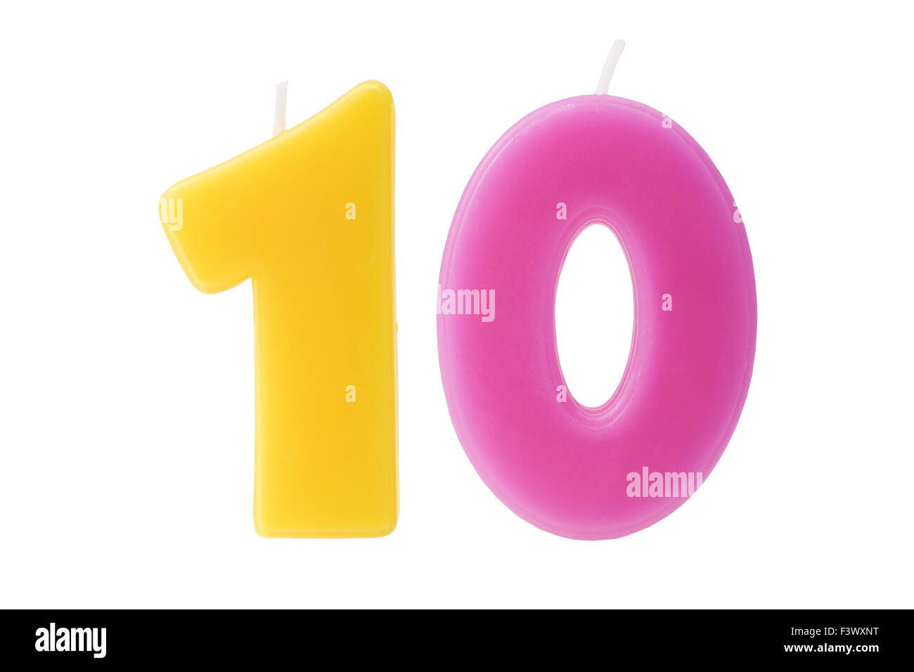Bunte Geburtstagskerzen in Form von die Nummer zehn auf weißem Hintergrund Stockfoto