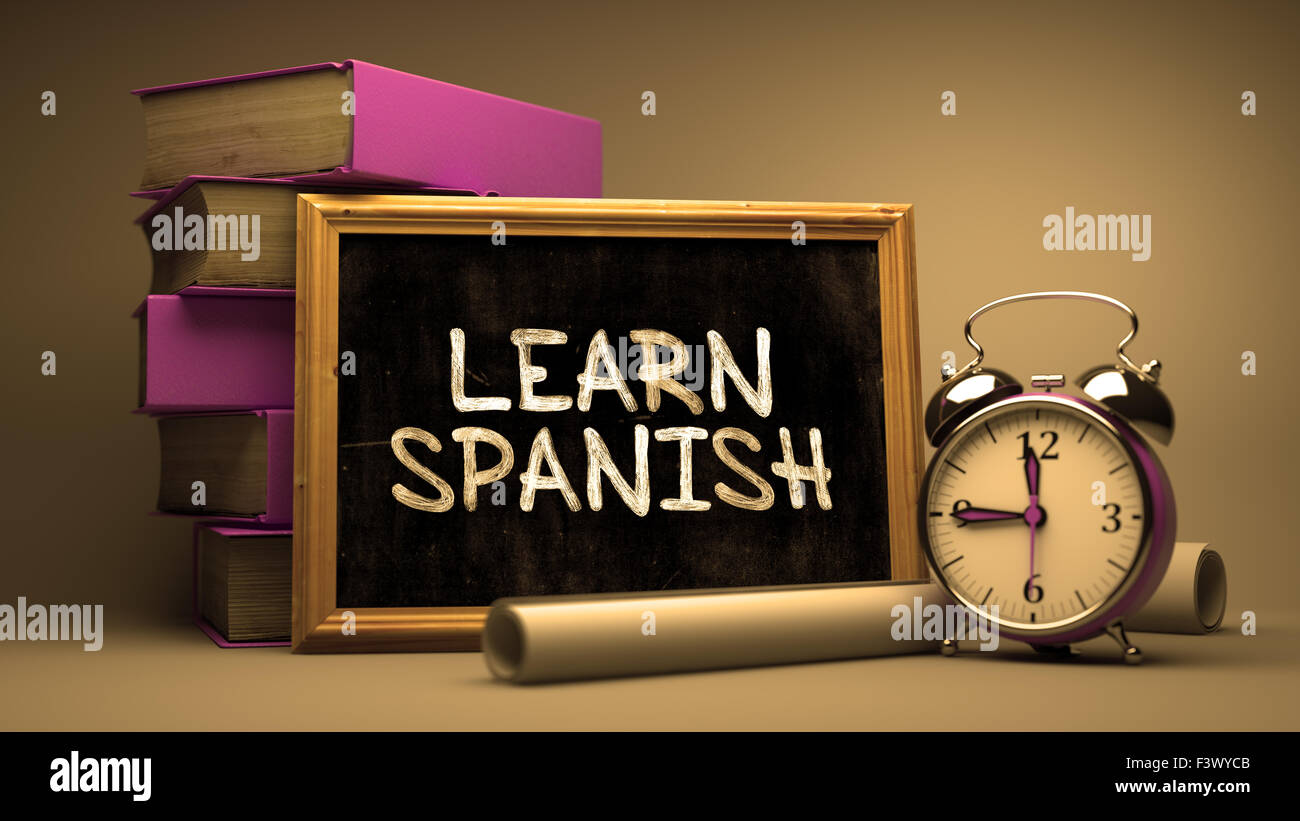 Lernen Sie Spanisch Konzept Hand auf Tafel gezeichnet. Stockfoto
