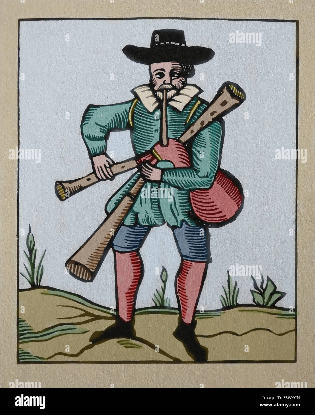 Europa. 17. Jahrhundert. Musiker. Dudelsackspieler. Kupferstich, 19. Jahrhundert. Spätere Färbung. Stockfoto