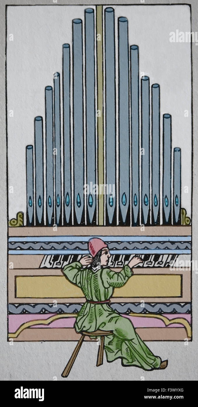 Europa. Mittelalterliche Musik. Pfeifenorgel. Kupferstich, 19. Jahrhundert. Farbe. Stockfoto