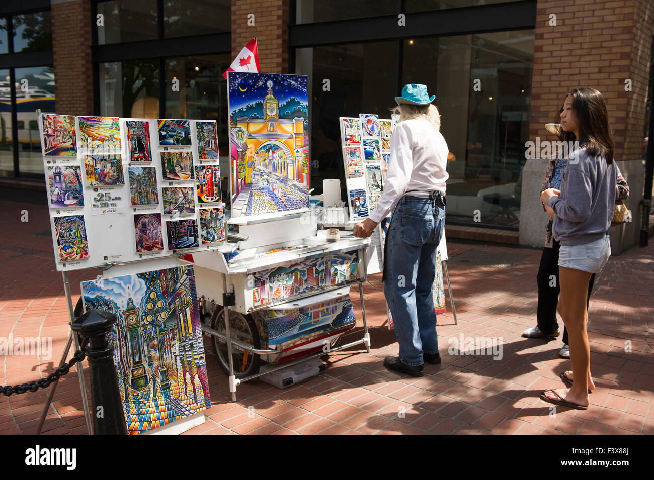 Gastown Straße Händler mit einem Display seiner Kunstwerke, Vancouver Stockfoto