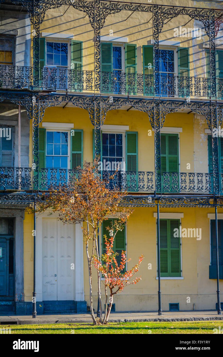 Fein verzierten schwarzen schmiedeeisernen Balkonen umrahmen einen kreolischen Stil Stadthaus Gebäude in der Nähe des French Quarter, New Orleans, LA Stockfoto