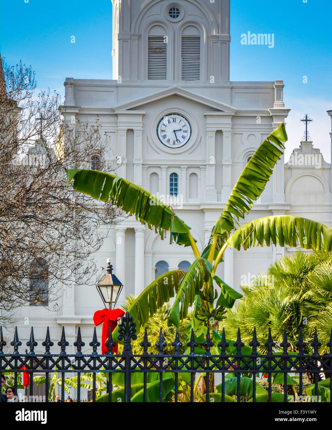 Schwarzen Gusseisen Zaun mit roten Urlaub beugt Menschen sammeln vor der St. Louis Cathedral, Jackson Square, New Orleans, LA Stockfoto