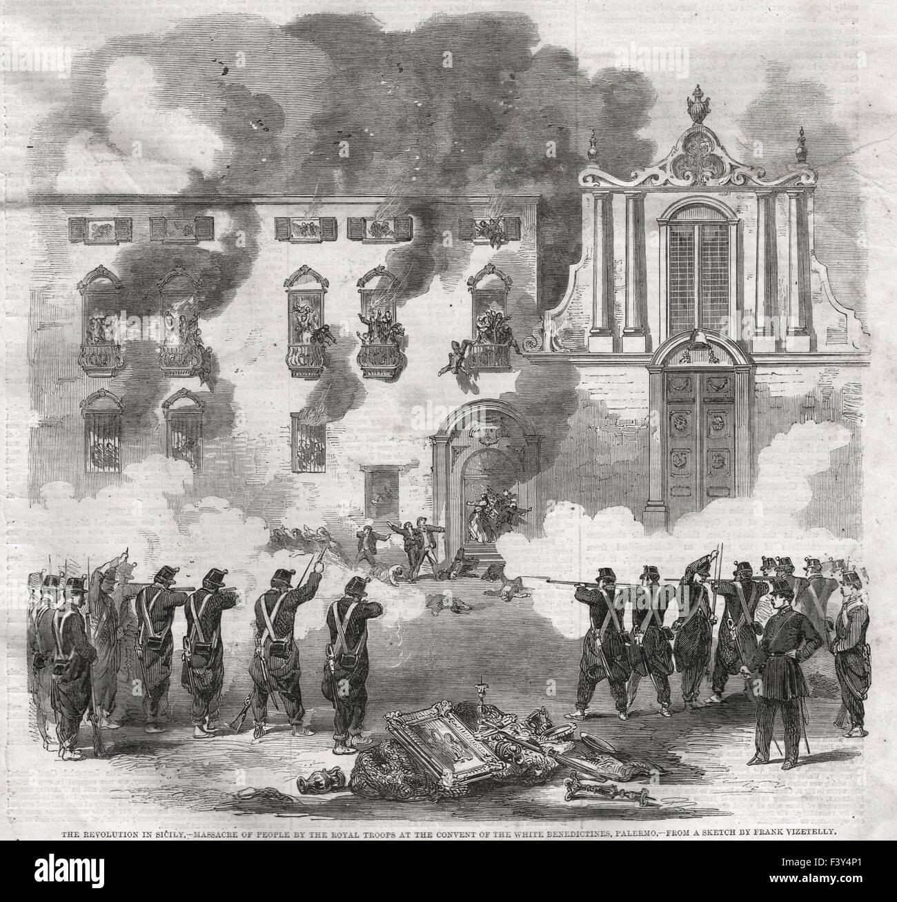 Revolution in Sizilien, Massaker an Menschen, die von den königlichen Truppen im Kloster der Weißen Benediktiner in Palermo Sizilien im Jahr 1860 Stockfoto