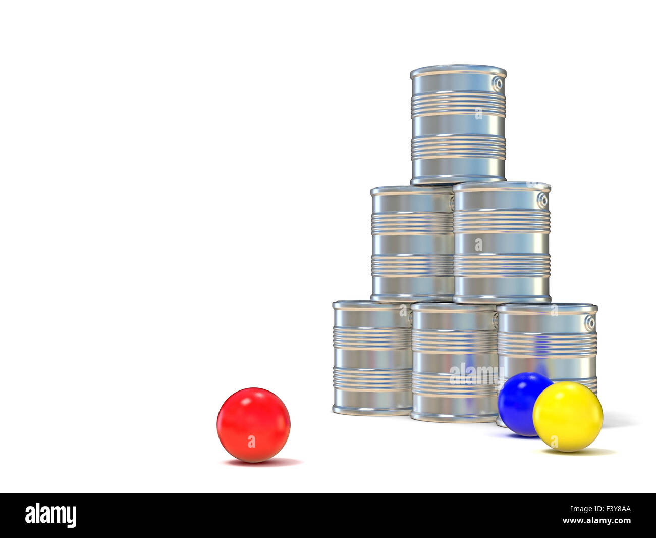 Blechdosen und drei Kugeln. 3D Illustration isoliert auf weißem Hintergrund Stockfoto
