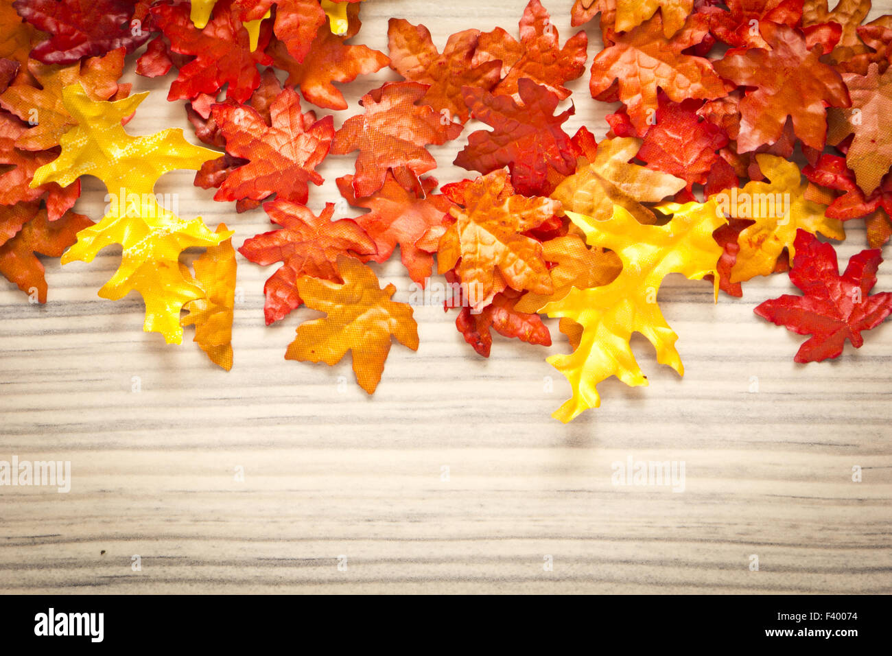 bunte Blätter auf einem rustikalen Holz Hintergrund Stockfoto