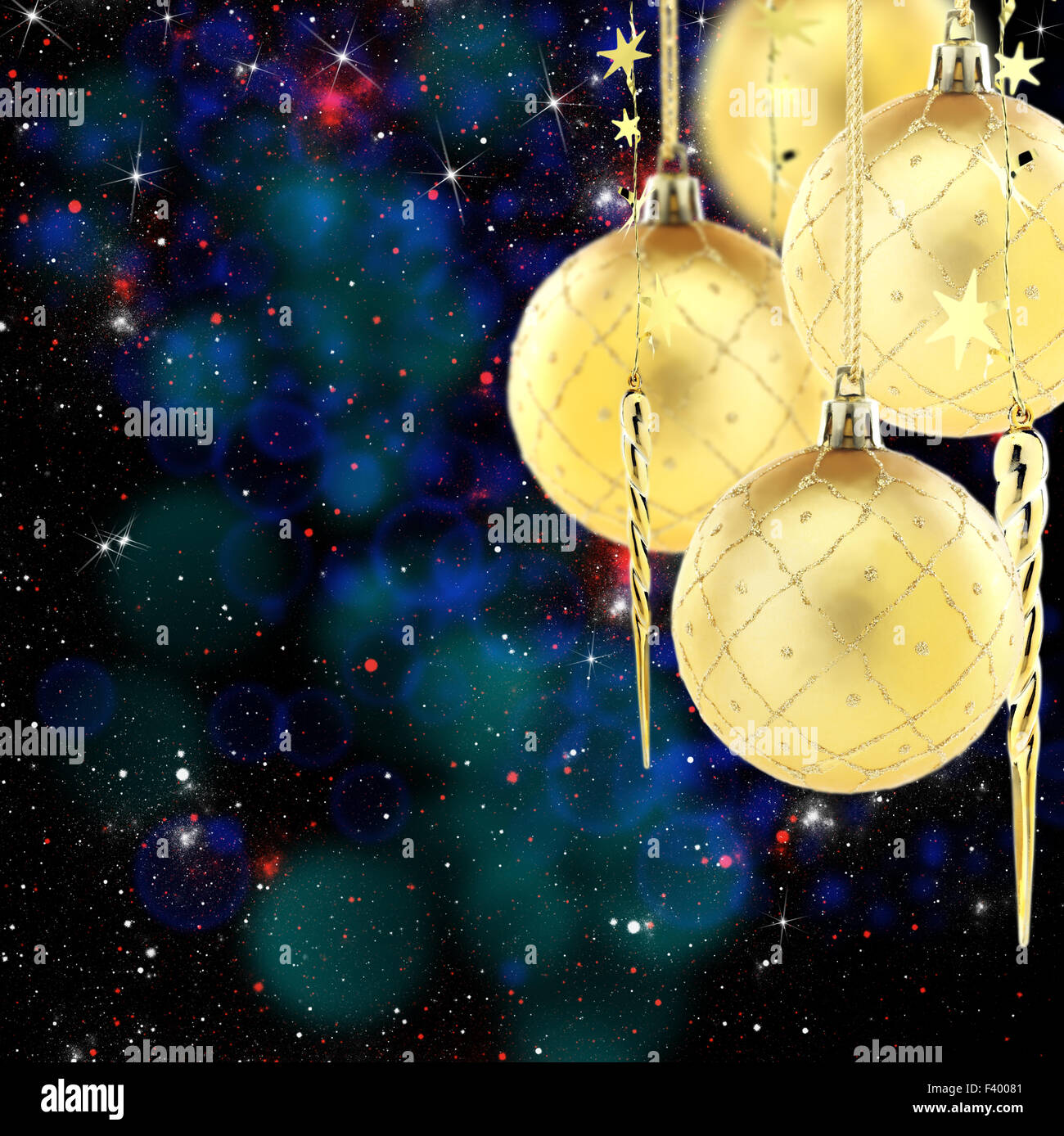 Goldene Kugeln und Eiszapfen. Collage. Stockfoto