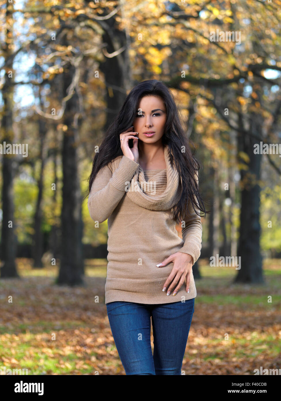 Hübsche Frau posiert auf den Wald im Herbst Stockfoto