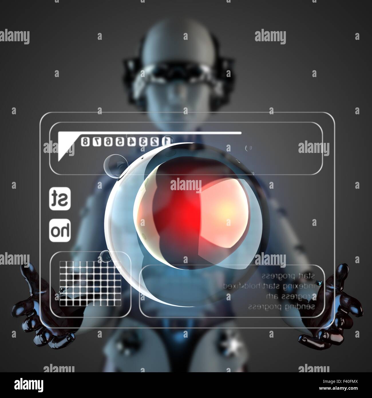 Cyborg Frau Manipulatihg Hologramm display Stockfoto