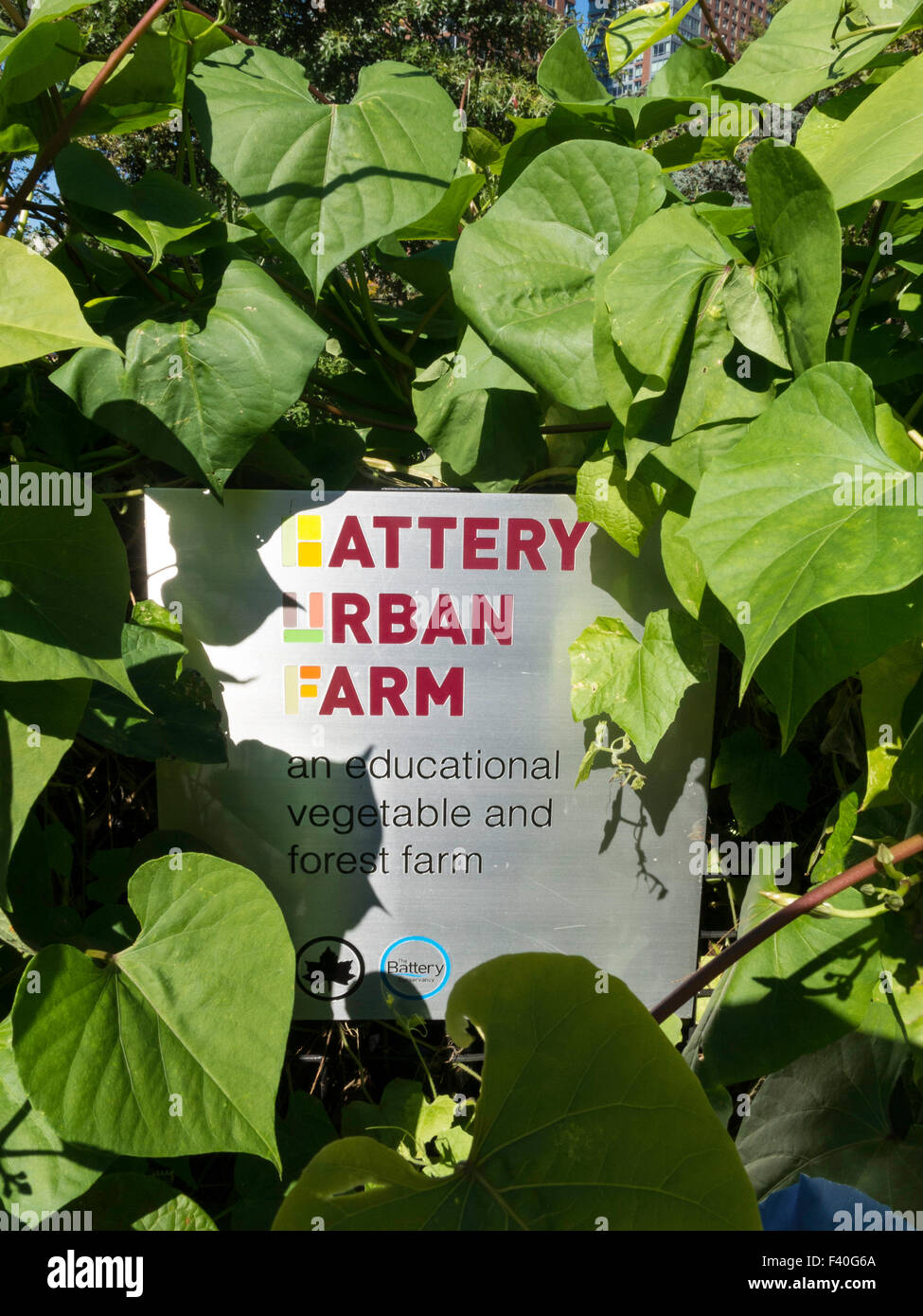 Batterie Urban Farm Zeichen, Battery Park, New York City Stockfoto