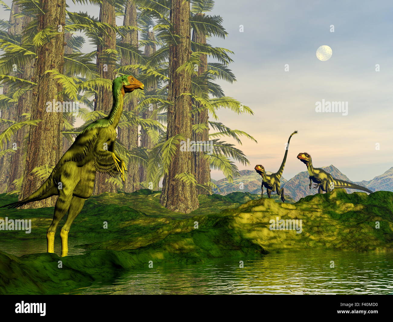 Caudipteryx und Dilong Dinosaurier - 3D render Stockfoto