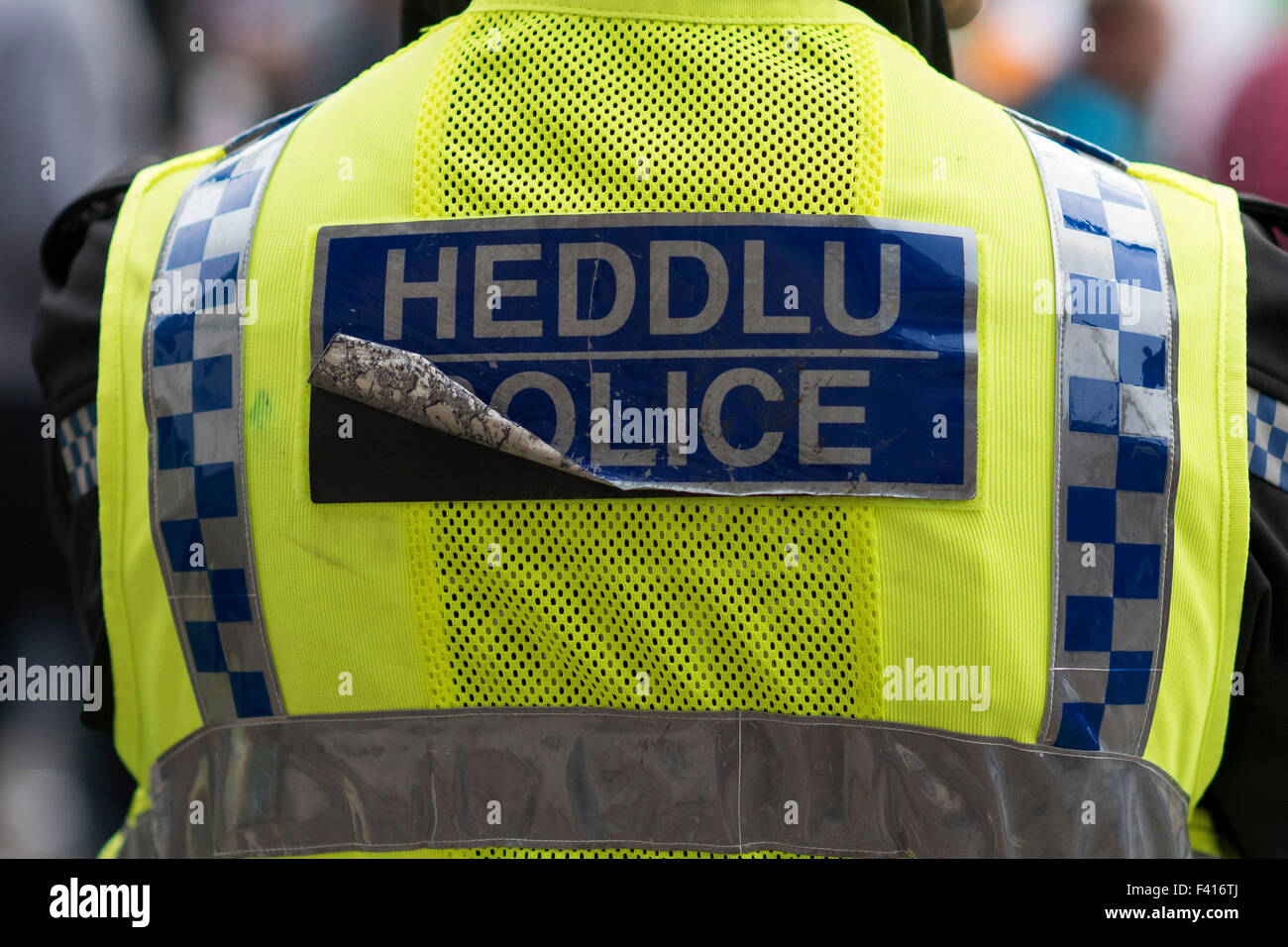 Ein Waliser Polizist blickt auf bei einer Veranstaltung. Die Polizei in Wales haben Kürzungen in den letzten Jahren gelitten. Stockfoto