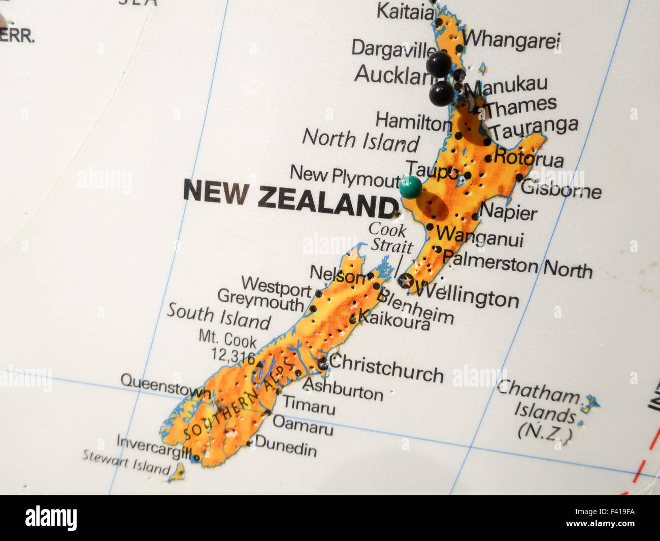 Stadt pin auf Neuseeland Karte Stockfoto