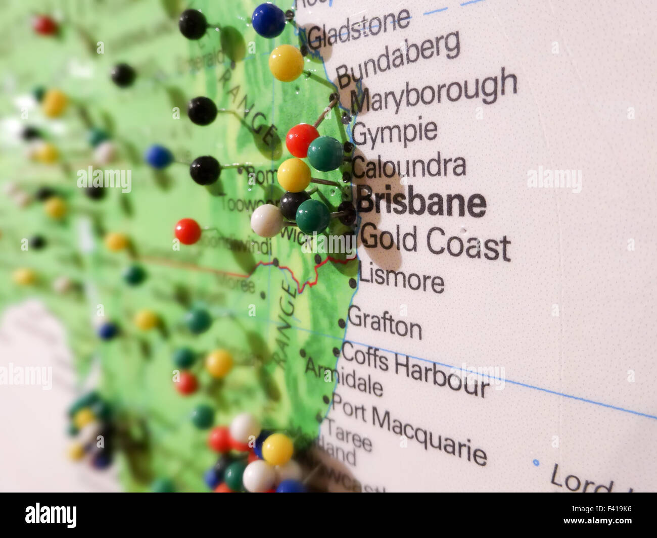 Stadt Pinc über Brisbane Stadt auf einer Karte Stockfoto
