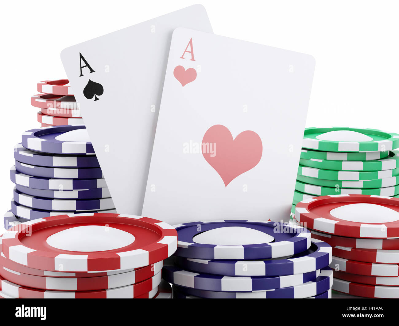 3D Würfel, Karten und Chips. Casino-Konzept. Stockfoto