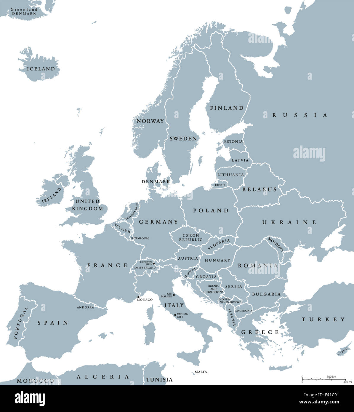 Ländern politische Landkarte Europas mit Ländergrenzen und Ländernamen. Englische Beschriftung und Skalierung. Abbildung auf weiß. Stockfoto