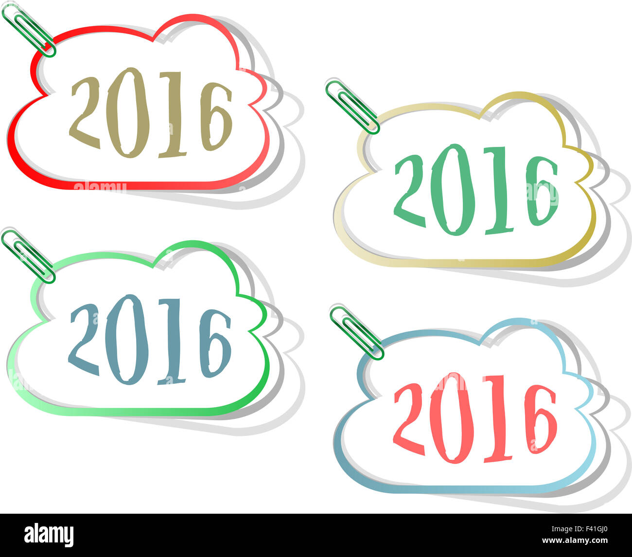 Glückliches neues Jahr 2016 kreative Grußkarte gestalten, Jahr 2016 Aufkleber set Gestaltungselement isoliert auf weiss Stockfoto