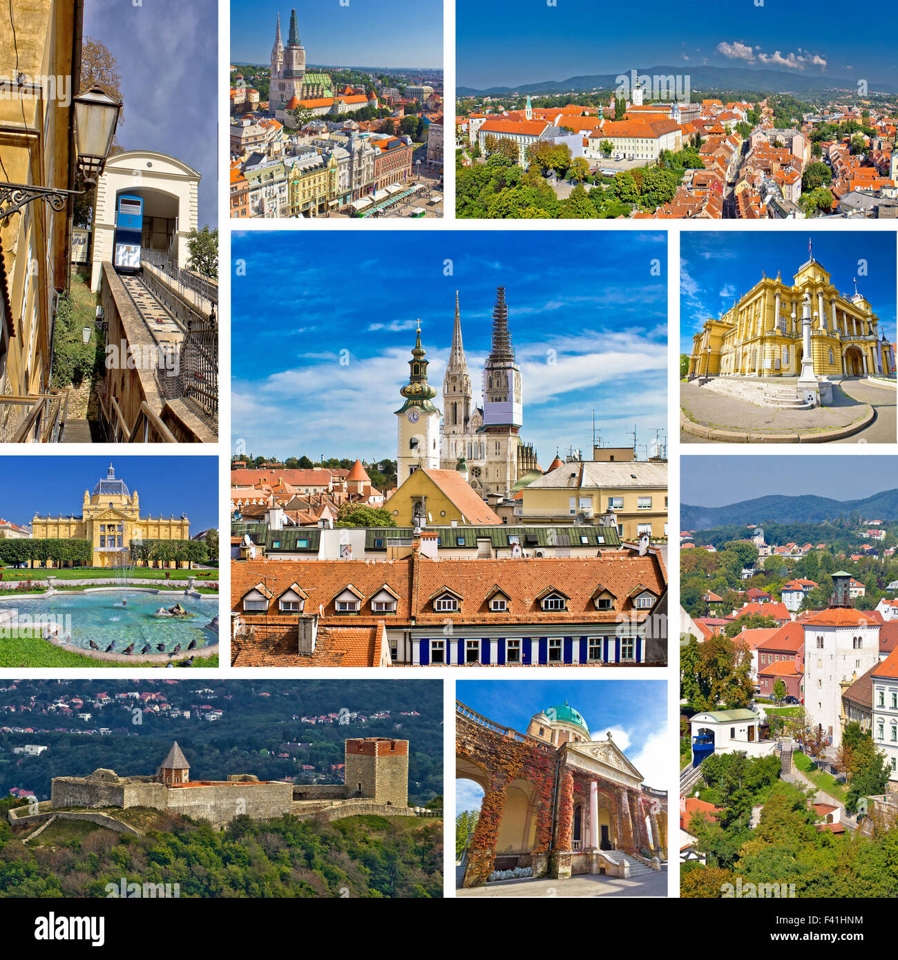 Berühmte Sehenswürdigkeiten von Zagreb collage Stockfoto