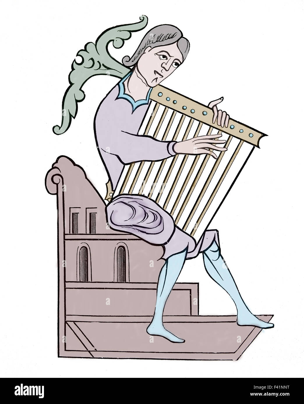 Europa. Mittleren Alters.  Mittelalterliche Harfe. Kupferstich, 19. Jahrhundert. Spätere Färbung. Stockfoto