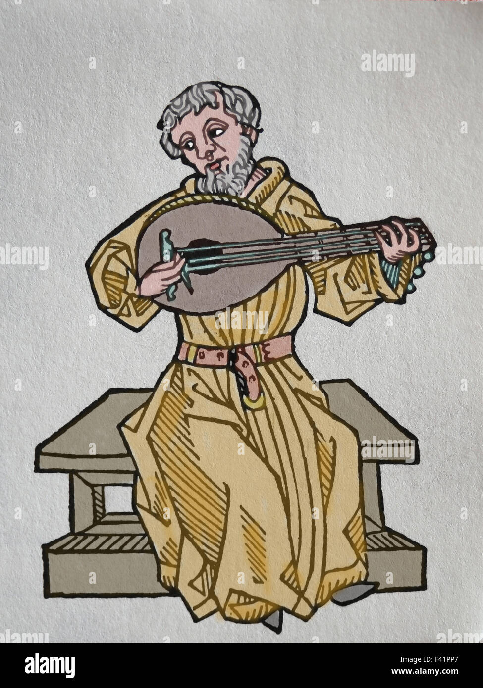 Europa. Mittleren Alters. Lautenspieler. Mönch. Kupferstich, 19. Jahrhundert. Farbe. Stockfoto