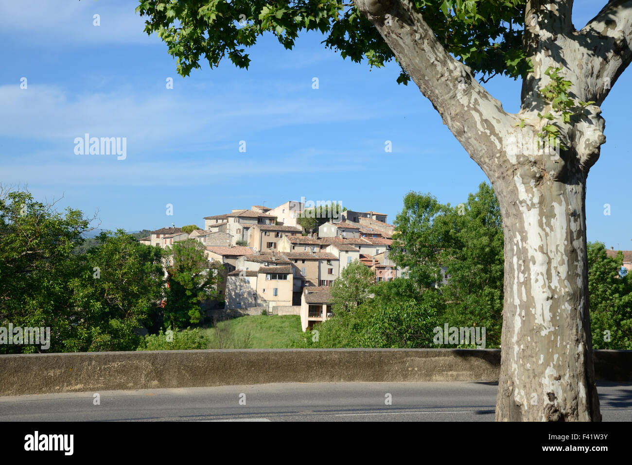 Blick über die thront die mittelalterliche Dorf von Carcès umrahmt von einer Platane im Département Var Provence Frankreich Stockfoto