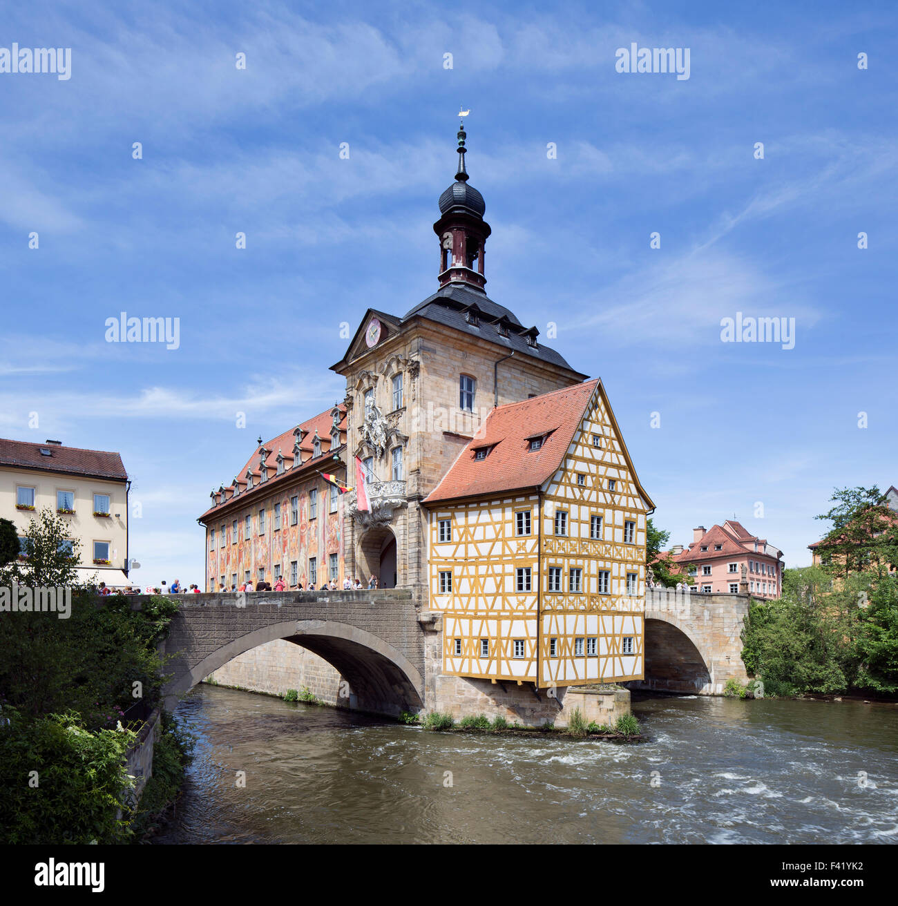 Altes Rathaus auf der Insel im Fluss Regnitz, Bamberg, Upper Franconia, Bayern, Deutschland Stockfoto