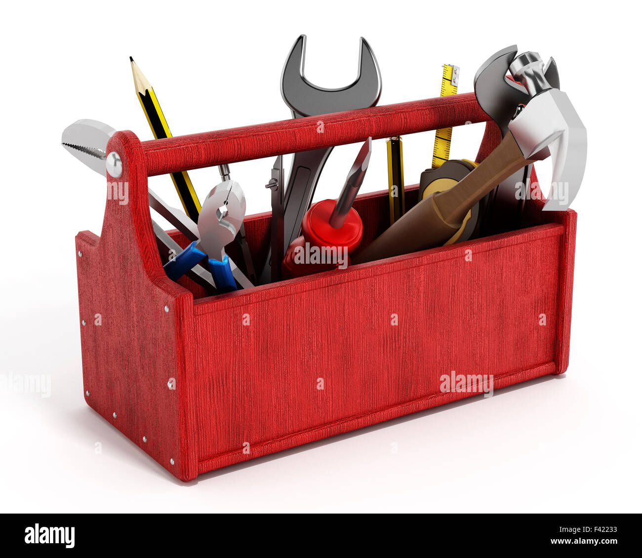 Rote Werkzeugkasten voller Handwerkzeuge isoliert auf weißem Hintergrund Stockfoto