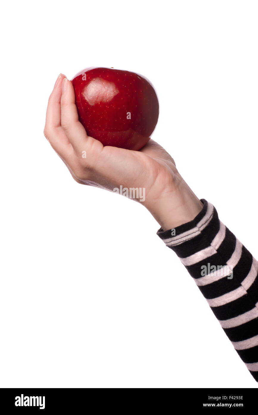 Frau halten leckere Bio rote Apfel delicious, gesunde Ernährung und Diät-Konzept, isoliert auf weißem Hintergrund Stockfoto