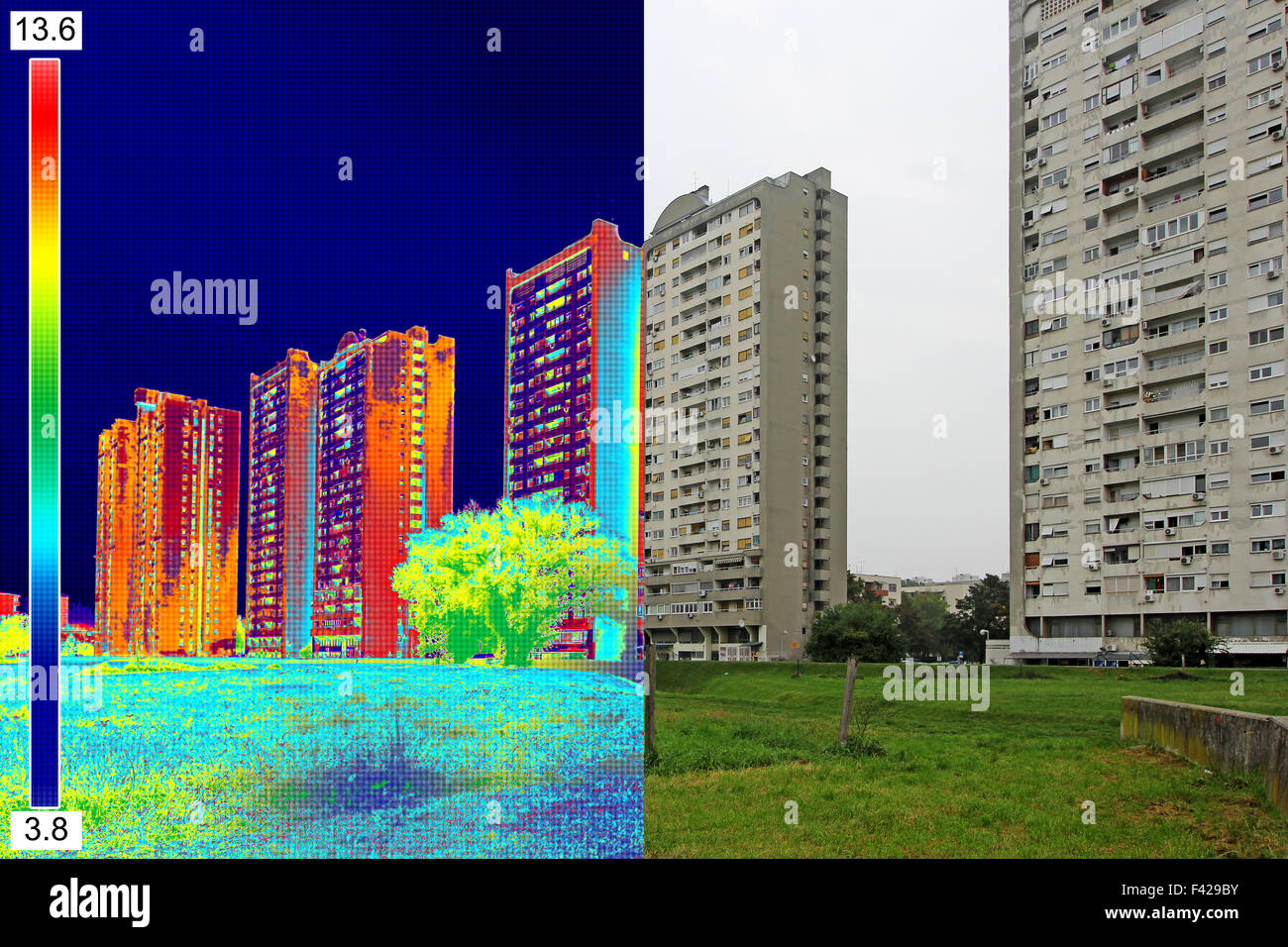 Infrarot- und real-Bild zeigt mangelnde Wärmedämmung auf Wohnhaus Stockfoto