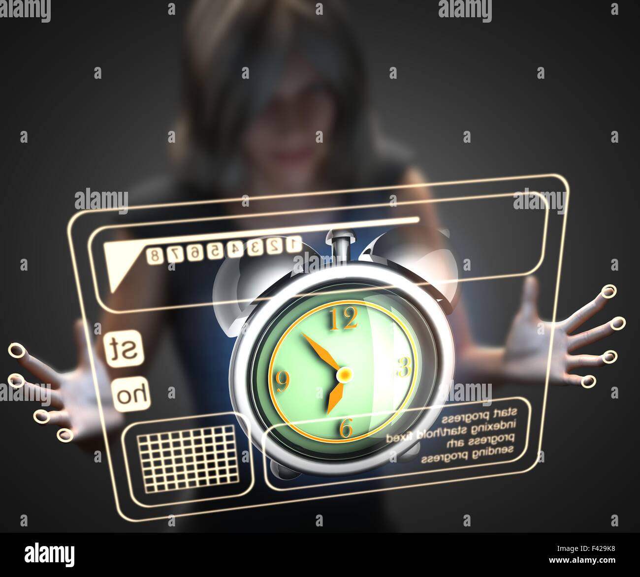 Frau und Hologramm mit Uhr Stockfoto