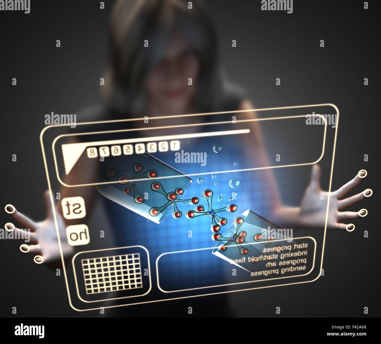 Frau und Hologramm mit Mikro Kapsel Stockfoto