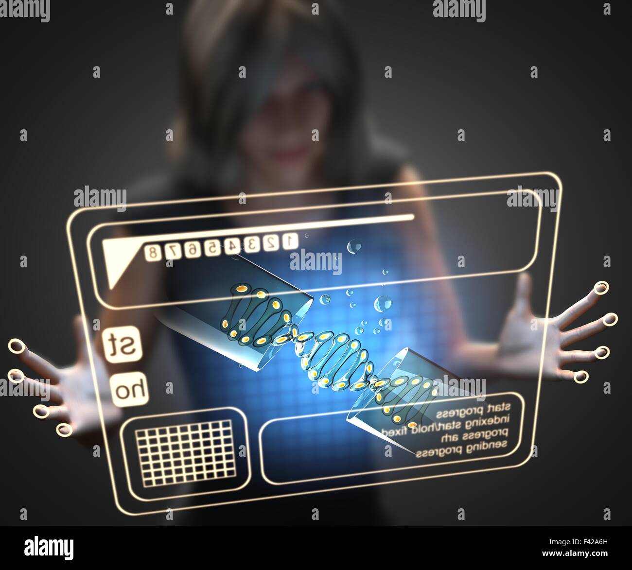 Frau und Hologramm mit Mikro Kapsel Stockfoto